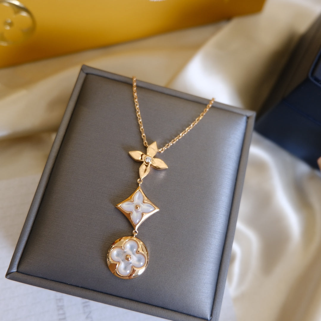 ˇGilded EraˇCOLOR BLOSSOM LARIAT NECKLACE PINK GOLD WHITE MOTHER PEARL AND DIAMOND