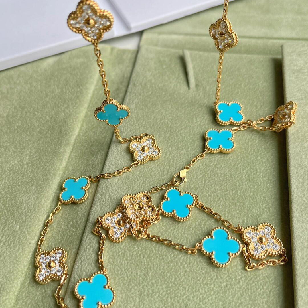ˇGilded EraˇCLOVER 20 MOTIFS TURQUOISE DIAMOND NECKLACE