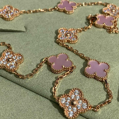 ˇGilded EraˇCLOVER 10 MOTIFS DIAMOND PINK MOP NECKLACE
