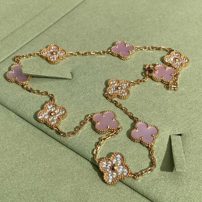 ˇGilded EraˇCLOVER 10 MOTIFS DIAMOND PINK MOP NECKLACE