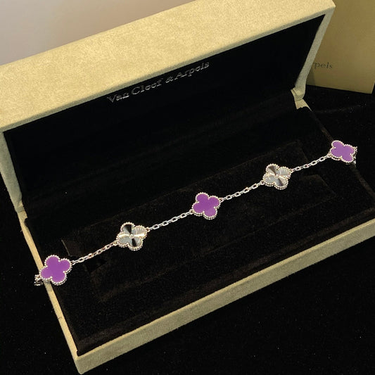 ˇGilded EraˇCLOVER  5 MOTIFS  PURPLE VIOLET BRACELET SILVER