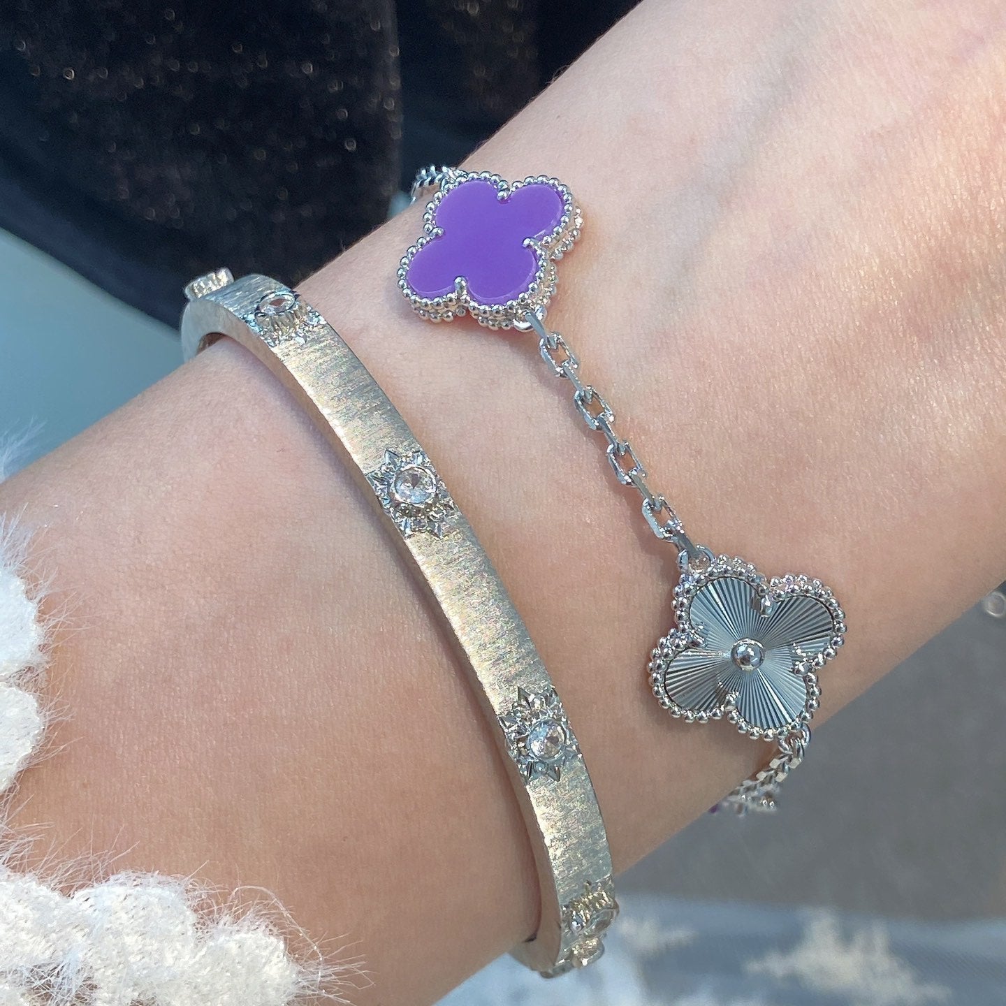 ˇGilded EraˇCLOVER  5 MOTIFS  PURPLE VIOLET BRACELET SILVER