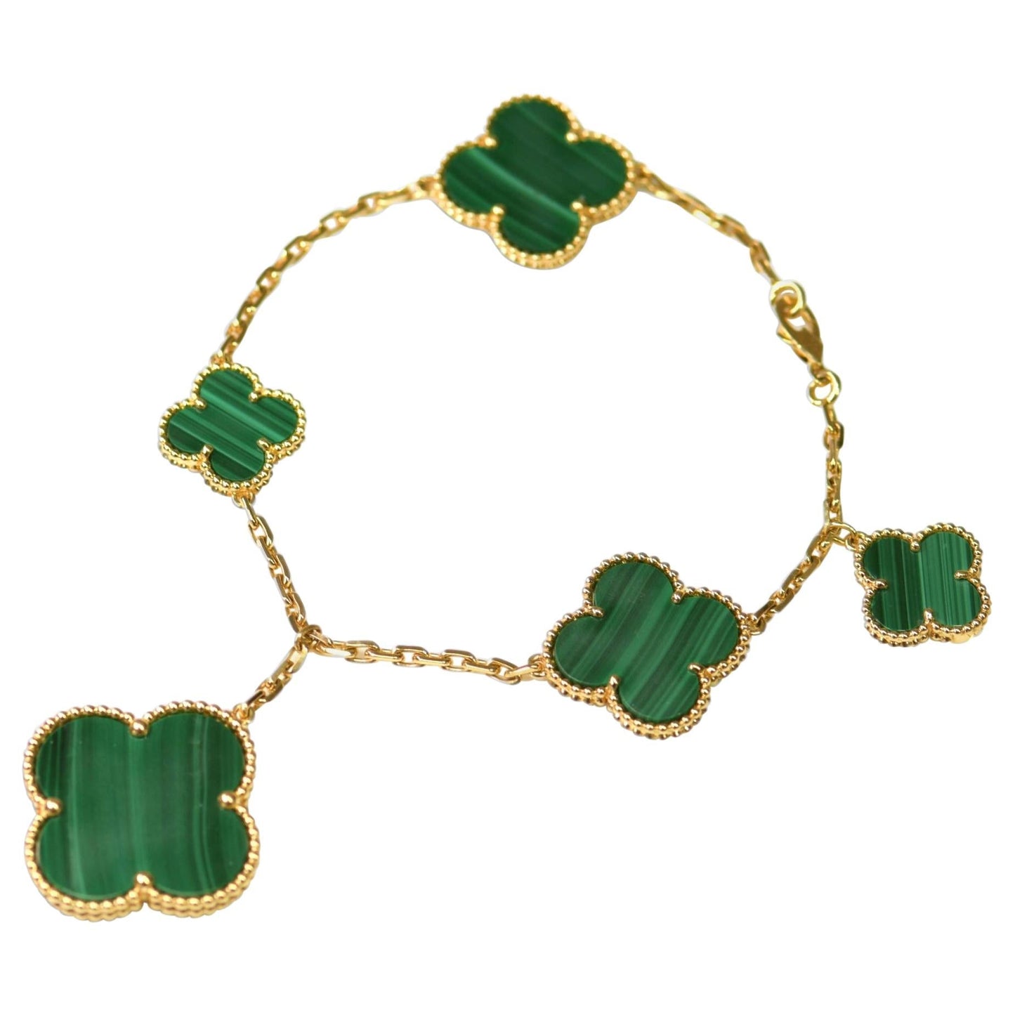 ˇGilded EraˇMAGIC CLOVER MALACHITE GOLD BRACELET 5 MOTIFS