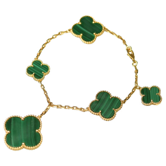 ˇGilded EraˇMAGIC CLOVER MALACHITE GOLD BRACELET 5 MOTIFS