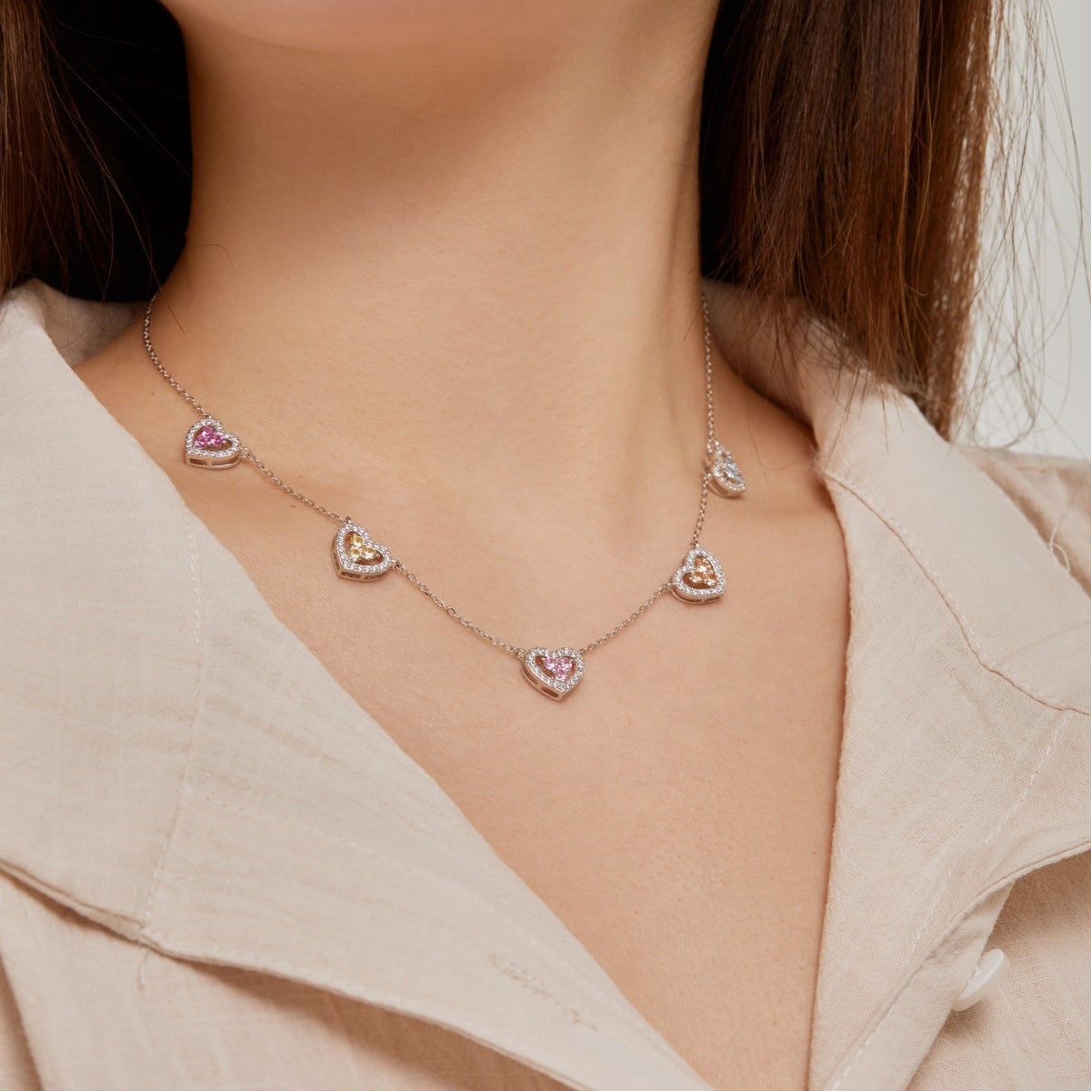 [STREET]Sparkling Five Heart Necklace