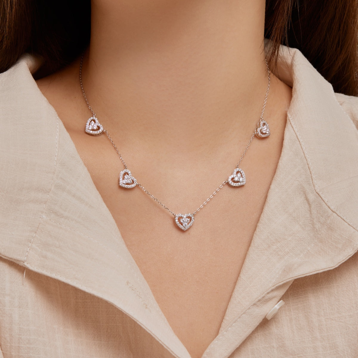 [STREET]Sparkling Five Heart Necklace