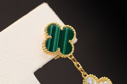 ˇGilded EraˇCLOVER EARRINGS GOLD MALACHITE DIAMOND 3 MOTIF