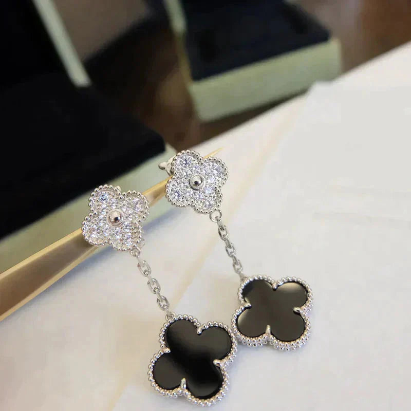 ˇGilded EraˇCLOVER 2 MOTIFS  DIAMOND ONYX EARRINGS SILVER