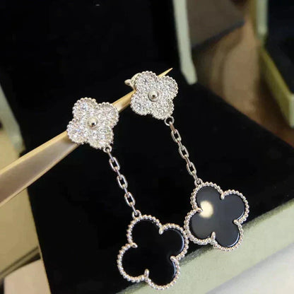 ˇGilded EraˇCLOVER 2 MOTIFS  DIAMOND ONYX EARRINGS SILVER