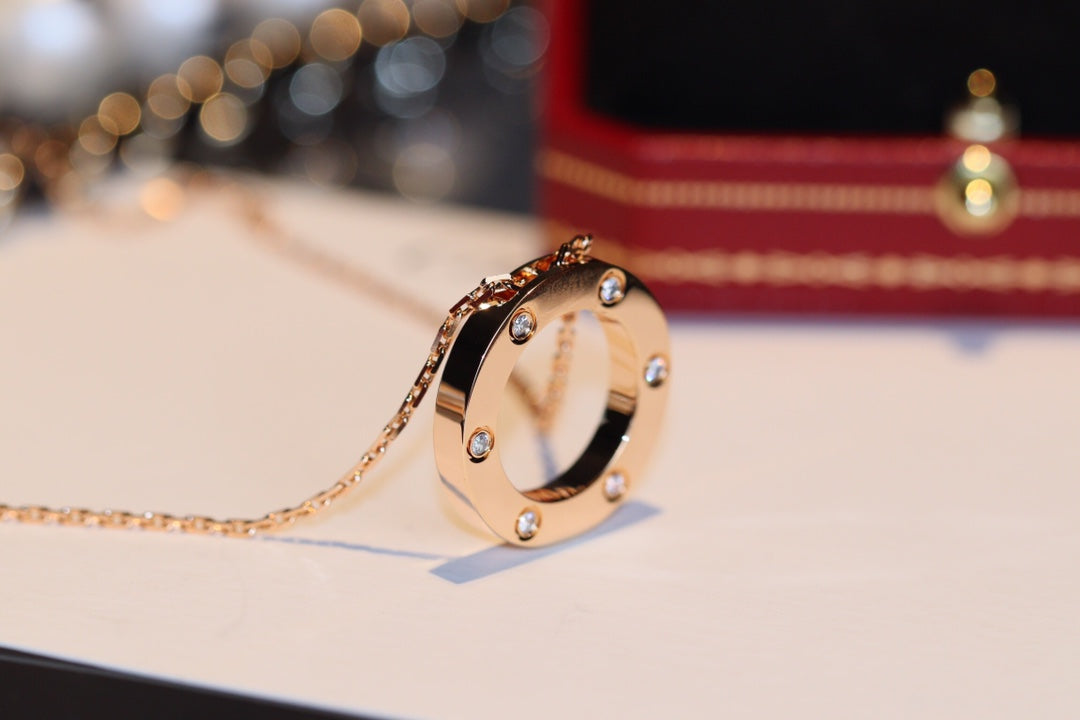 ˇGilded EraˇLOVE NECKLACE 16MM 6 DIAMONDS PINK GOLD