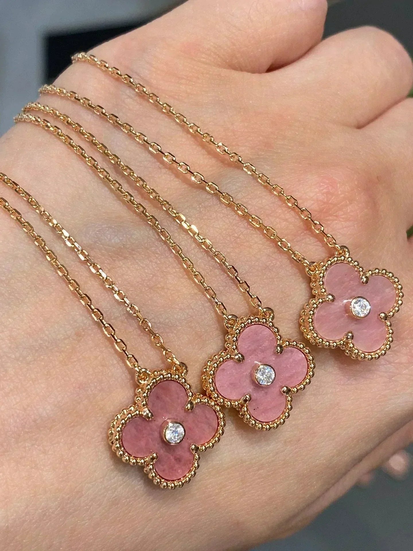 ˇGilded EraˇCLOVER 15MM DIAMOND RHODONITE NECKLACE