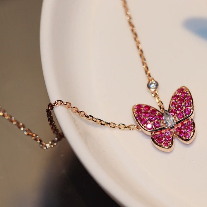 ˇGilded EraˇBUTTERFLY RED DIAMOND ROSE GOLD NECKLACE