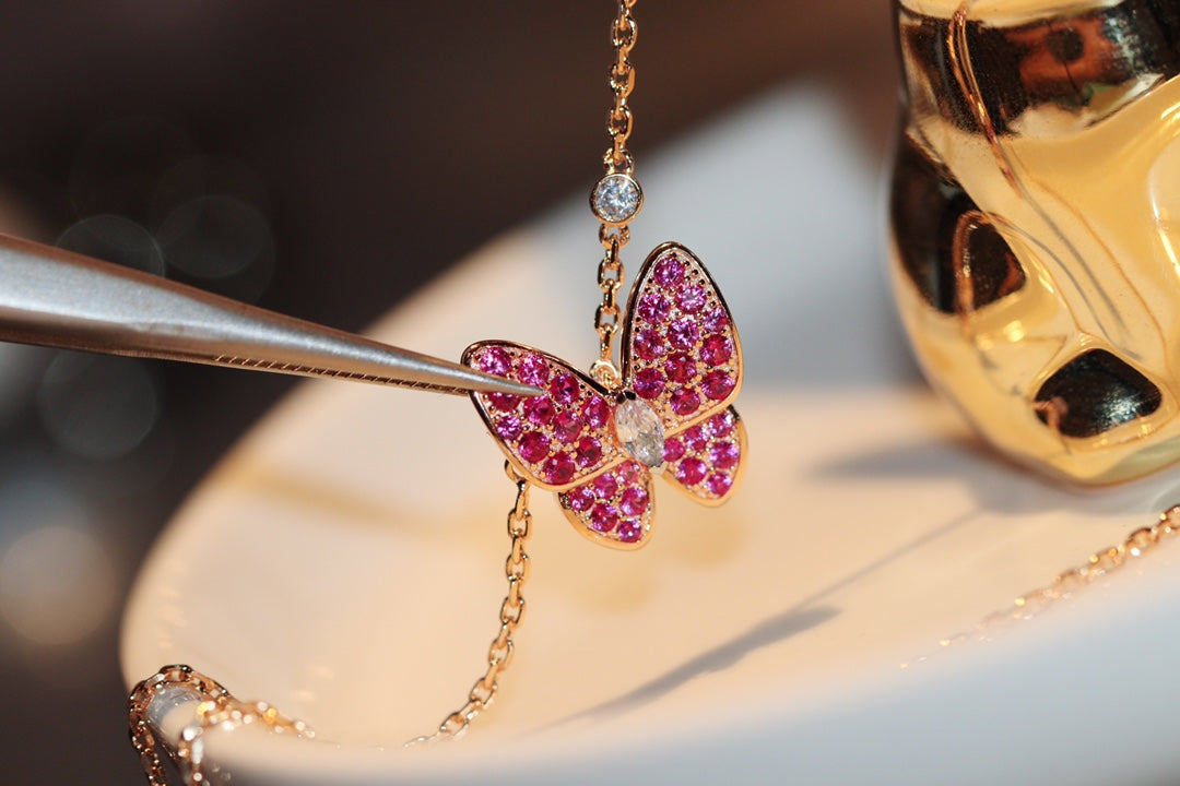 ˇGilded EraˇBUTTERFLY RED DIAMOND ROSE GOLD NECKLACE