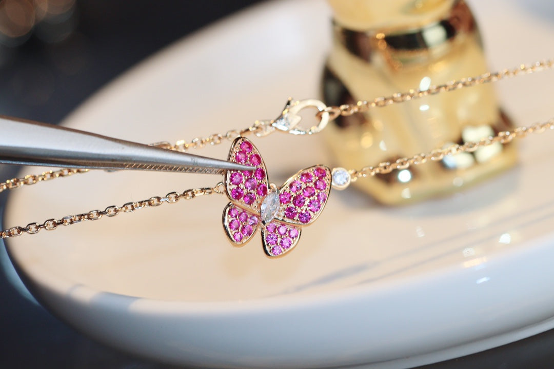 ˇGilded EraˇBUTTERFLY RED DIAMOND ROSE GOLD NECKLACE