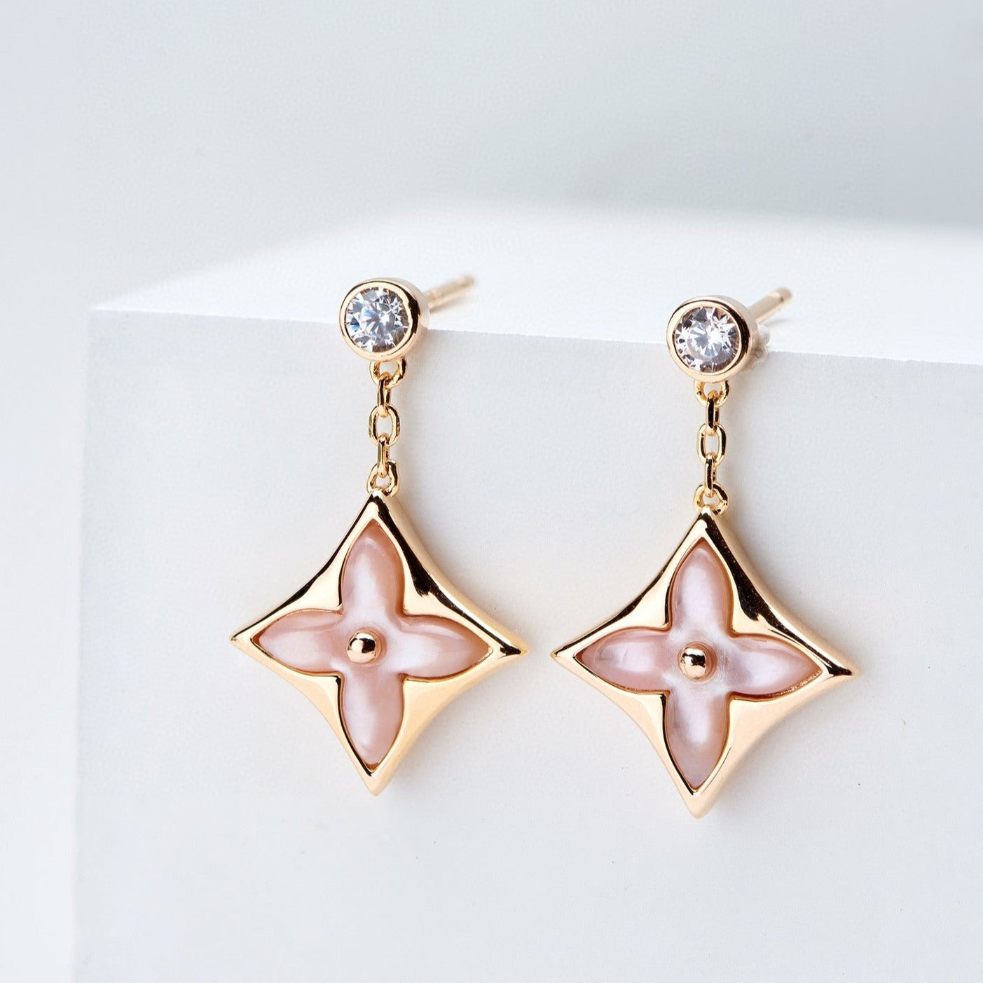 ˇGilded EraˇDOUBLE STAR PINK GOLD MOP DROP EARRINGS