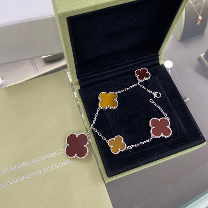 ˇGilded EraˇCLOVER 5 MOTIFS SIVLER CARNELIAN TIGER EYE BRACELET