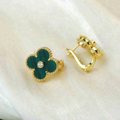 ˇGilded EraˇCLOVER MEDIUM 1 MOTIFS MALACHITE DIAMOND EARRINGS