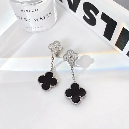 ˇGilded EraˇCLOVER 2 MOTIFS  DIAMOND ONYX EARRINGS SILVER