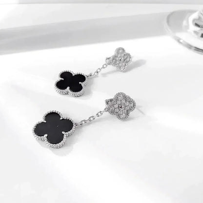 ˇGilded EraˇCLOVER 2 MOTIFS  DIAMOND ONYX EARRINGS SILVER