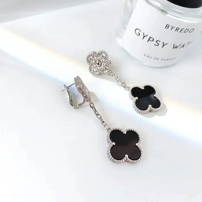 ˇGilded EraˇCLOVER 2 MOTIFS  DIAMOND ONYX EARRINGS SILVER