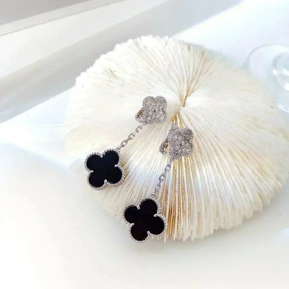 ˇGilded EraˇCLOVER 2 MOTIFS  DIAMOND ONYX EARRINGS SILVER