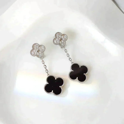 ˇGilded EraˇCLOVER 2 MOTIFS  DIAMOND ONYX EARRINGS SILVER