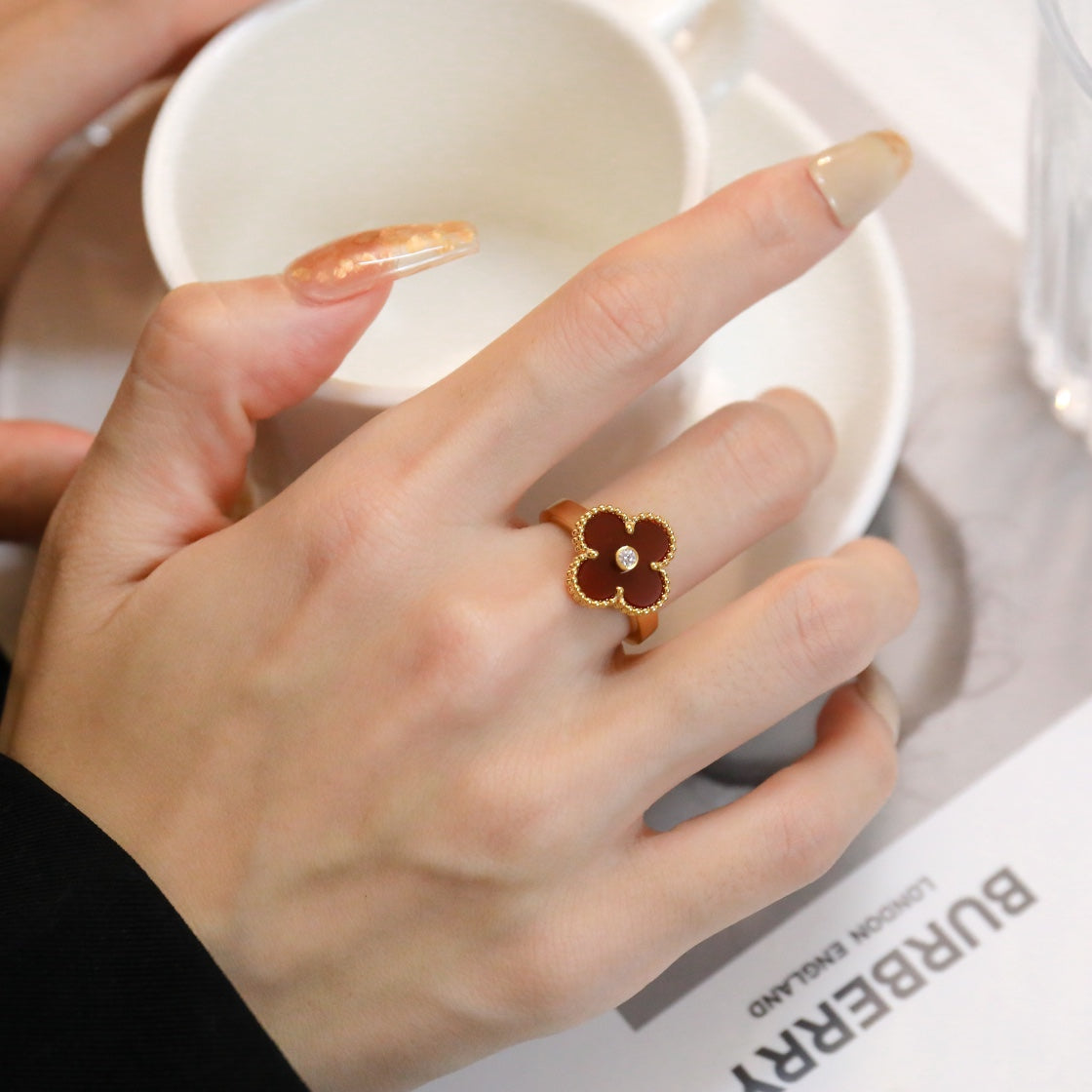 ˇGilded EraˇCLOVER CARNELIAN RING ROSE GOLD DIAMOND