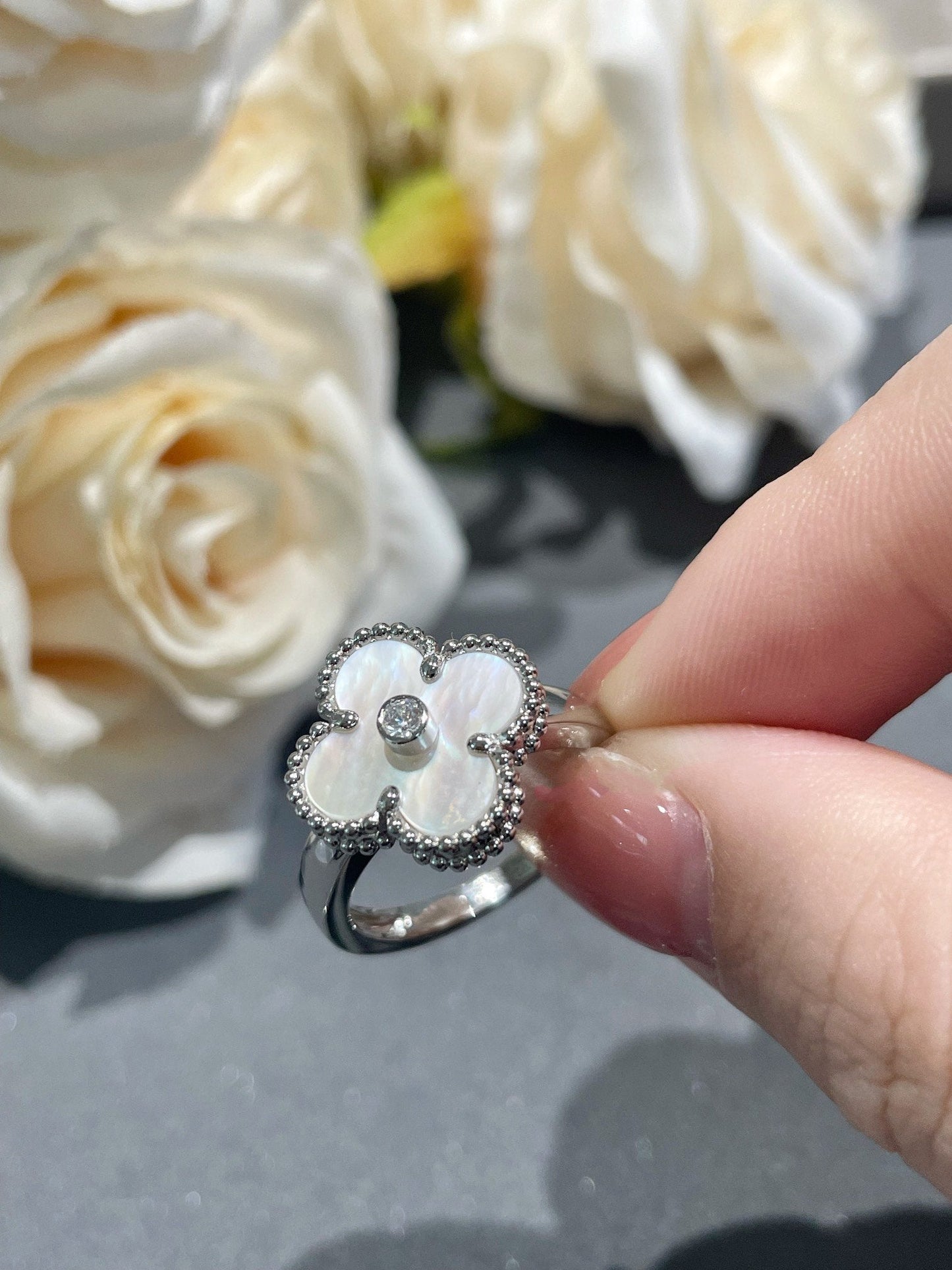 ˇGilded EraˇCLOVER SILVER MOP DIAMOND RING