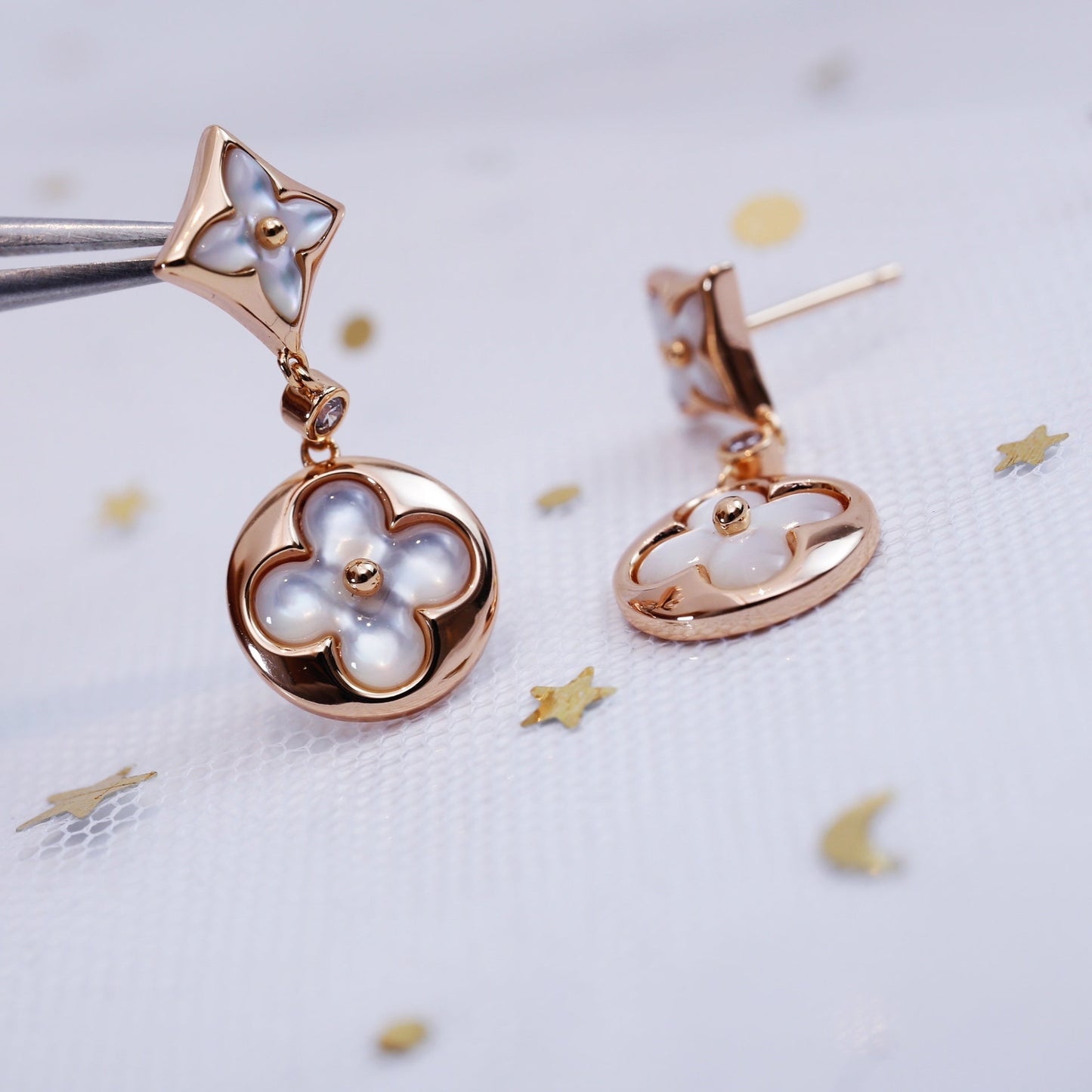 ˇGilded EraˇSTAR AND SUN PINK GOLD MOP DROP EARRINGS