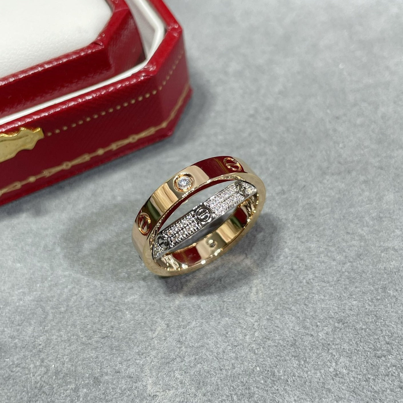 ˇGilded EraˇLOVE PINK GOLD SILVER DIAMOND DOUBLE RING