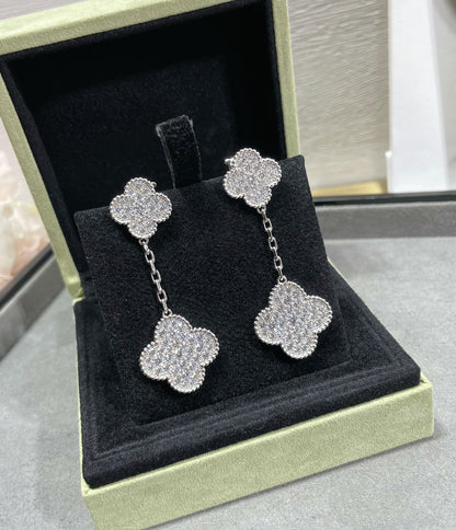 ˇGilded EraˇCLOVER 2 MOTIFS DIAMOND PAVED SILVER EARRINGS