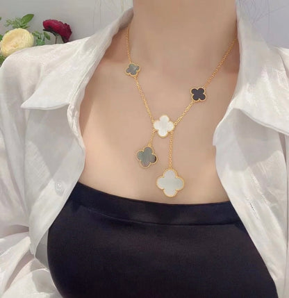 ˇGilded EraˇCLOVER 6 MOTIF MOP ONYX GOLD NECKLACE