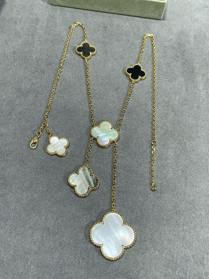 ˇGilded EraˇCLOVER 6 MOTIF MOP ONYX GOLD NECKLACE