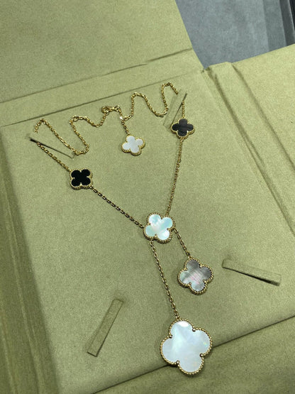 ˇGilded EraˇCLOVER 6 MOTIF MOP ONYX GOLD NECKLACE