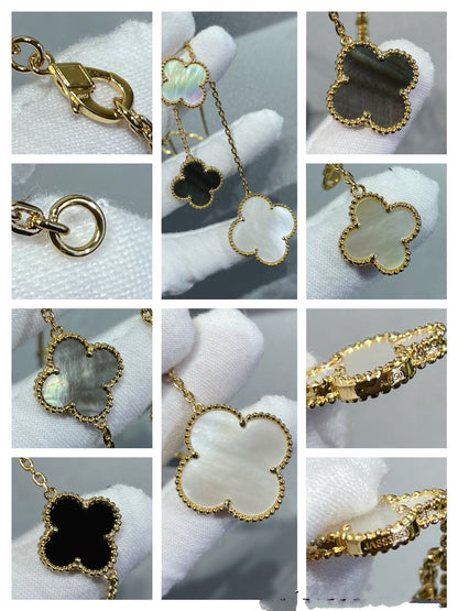 ˇGilded EraˇCLOVER 6 MOTIF MOP ONYX GOLD NECKLACE