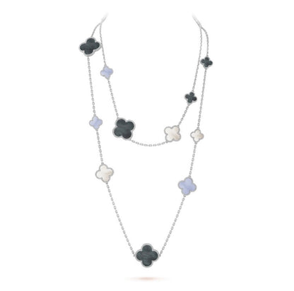 ˇGilded EraˇCLOVER 16 MOTIF CHALCEDONY MOP SILVER NECKLACE