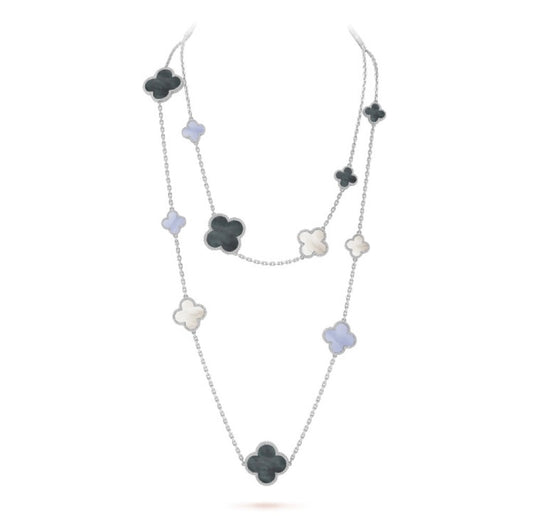 ˇGilded EraˇCLOVER 16 MOTIF CHALCEDONY MOP SILVER NECKLACE