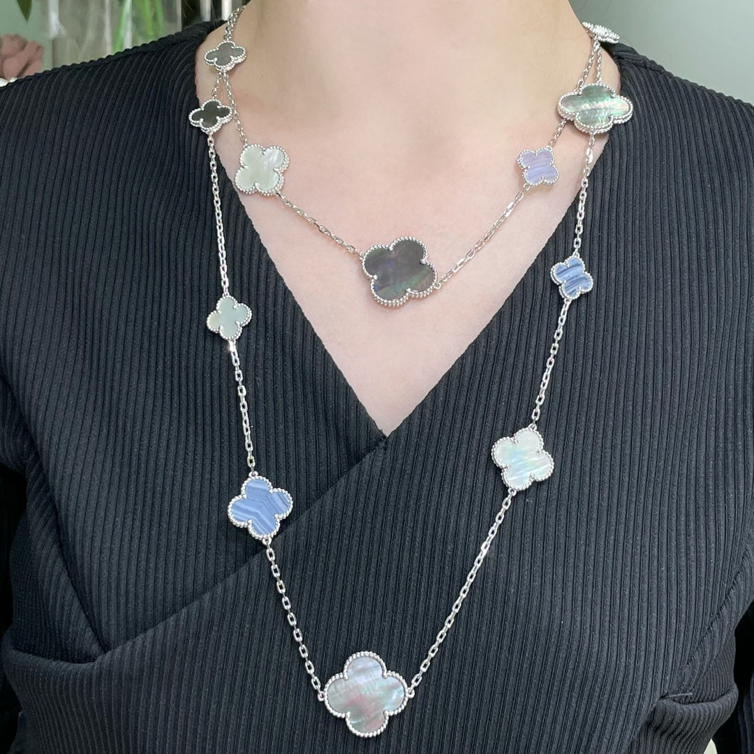 ˇGilded EraˇCLOVER 16 MOTIF CHALCEDONY MOP SILVER NECKLACE