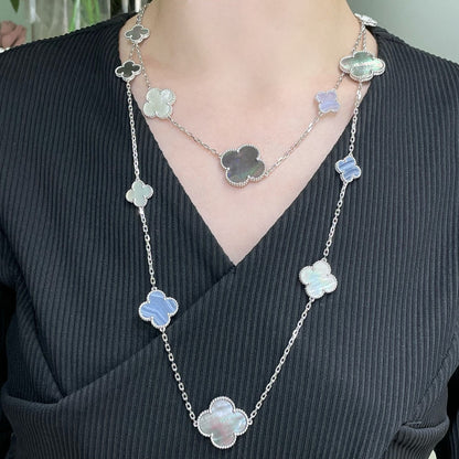 ˇGilded EraˇCLOVER 16 MOTIF CHALCEDONY MOP SILVER NECKLACE