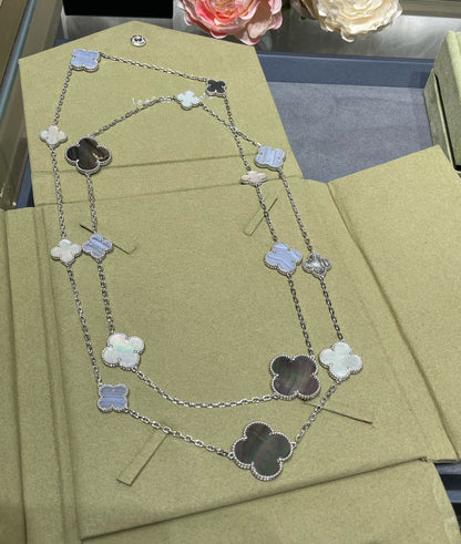 ˇGilded EraˇCLOVER 16 MOTIF CHALCEDONY MOP SILVER NECKLACE
