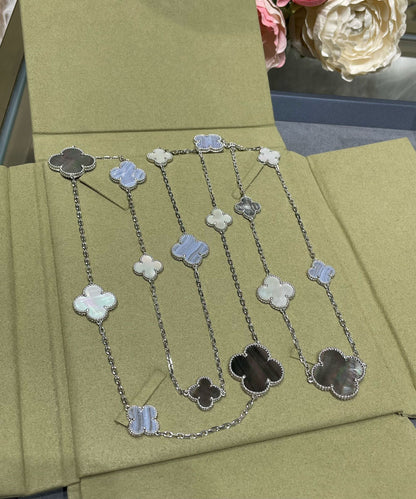 ˇGilded EraˇCLOVER 16 MOTIF CHALCEDONY MOP SILVER NECKLACE