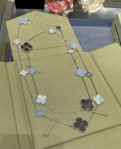 ˇGilded EraˇCLOVER 16 MOTIF CHALCEDONY MOP SILVER NECKLACE