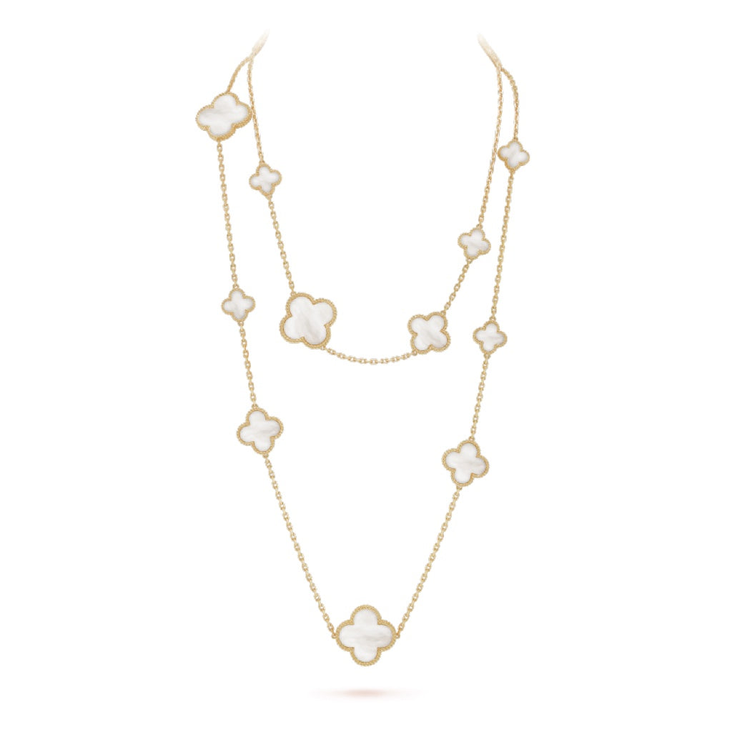 ˇGilded EraˇCLOVER 16 MOTIF WHITE MOP GOLD NECKLACE
