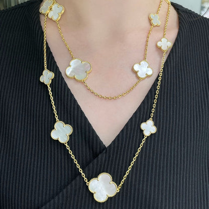 ˇGilded EraˇCLOVER 16 MOTIF WHITE MOP GOLD NECKLACE