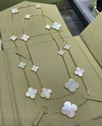 ˇGilded EraˇCLOVER 16 MOTIF WHITE MOP GOLD NECKLACE