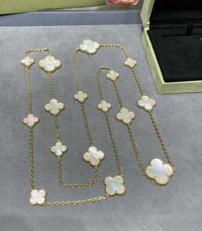 ˇGilded EraˇCLOVER 16 MOTIF WHITE MOP GOLD NECKLACE
