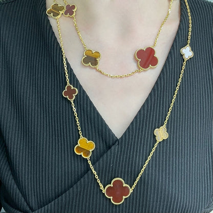 ˇGilded EraˇCLOVER 16 MOTIF CARNELIAN TIGER EYE ROSE GOLD NECKLACE