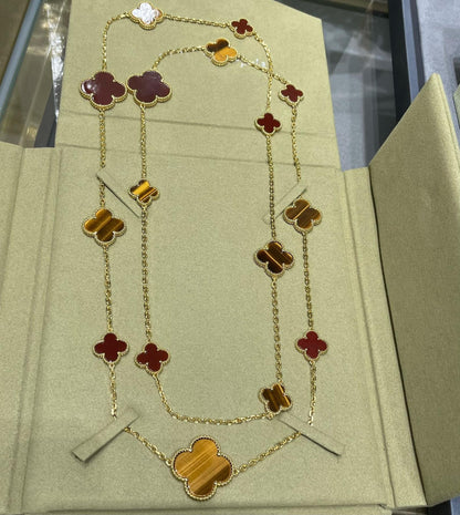 ˇGilded EraˇCLOVER 16 MOTIF CARNELIAN TIGER EYE ROSE GOLD NECKLACE