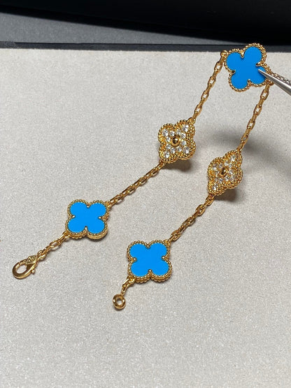 ˇGilded EraˇCLOVER 5 MOTIF BLUE CHALCEDONY DIAMOND GOLD BRACELET