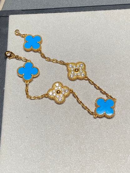 ˇGilded EraˇCLOVER 5 MOTIF BLUE CHALCEDONY DIAMOND GOLD BRACELET